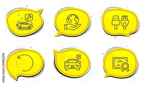 Computer cables sign. Diploma certificate, save planet chat bubbles. Car service, Parking and Recovery data line icons set. Repair service, Car park, Backup info. Rj45 internet. Technology set. Vector
