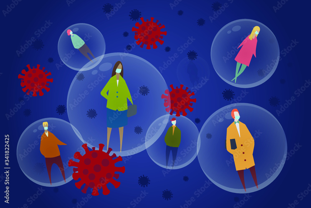 Naklejka premium Social distancing during the coronavirus pandemic. Stylized illustration of diverse selection of people who are wearing face masks floating in 6 ft. bubbles among coronavirus microbes.