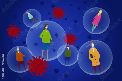 Social distancing during the coronavirus pandemic. Stylized illustration of diverse selection of people who are wearing face masks floating in 6 ft. bubbles among coronavirus microbes.