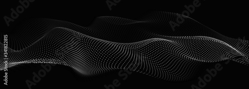Wave of particles on dark background. Technology backdrop. Pattern for presentations. Vector illustration