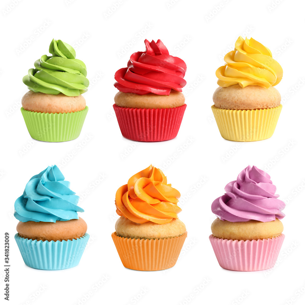 Set of delicious birthday cupcakes on white background Set of delicious birthday cupcakes on white background