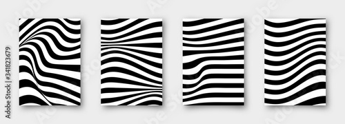 Set of 4 abstract vector wavy backgrounds. Striped simple minimalistic linear monochrome posters for your business.