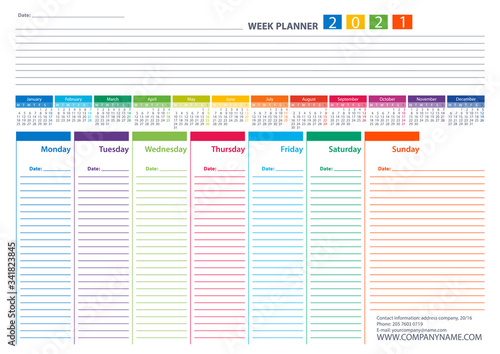 Week Planner 2021 Colorful Calendar Vector Design Template