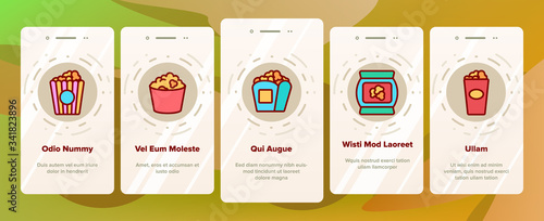 Popcorn Tasty Snack Onboarding Icons Set Vector. Glasses, Cup With Drink And Paper Bucket Filled Popcorn For Watch Movie In Cinema Illustrations