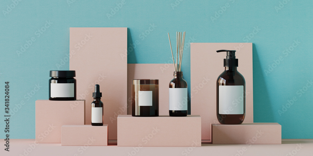 Minimal background for branding and product presentation. Cosmetic bottle on beige podium and blue paper texture background. 3d rendering illustration. Minimal background for branding and product presentation. Cosmetic bottle on beige podium and blue paper texture background. 3d rendering illustration.
