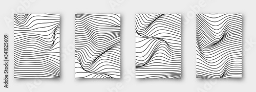 Set of 4 abstract vector wavy backgrounds. Striped simple minimalistic linear monochrome posters for your business.