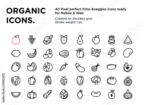 40 Fruits & Veggies Icons, pixel perfect, created on 24x24px grid, ready for all mobile platforms, web, and print, easy to change color or size
