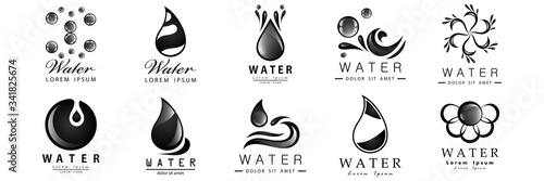 Water Splash Vector And Drop Set - Isolated On White Background. Vector Collection Of Flat Water Splash and Oil Drop Logo. Icons For Droplet, Water Wave, Rain, Raindrop, Company Logo And Bubble Design