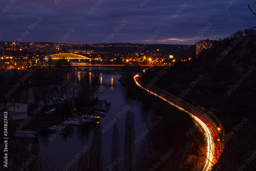 prague river and bridges night