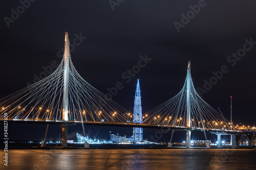 Night view of the cable-stayed bridge in Saint Petersburg