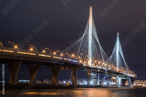 Night view of the cable-stayed bridge in Saint Petersburg photo