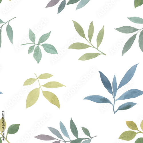 Retro hand drawn spring elements of green leaves seamless white background.