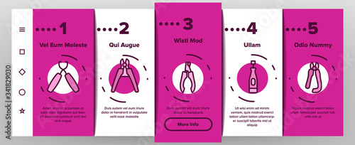 Pet Nail Clippers Onboarding Icons Set Vector. Cutting Pet Nail Scissors Accessory, Metallic Bottle Spray, Manicure Cut Tool Illustrations