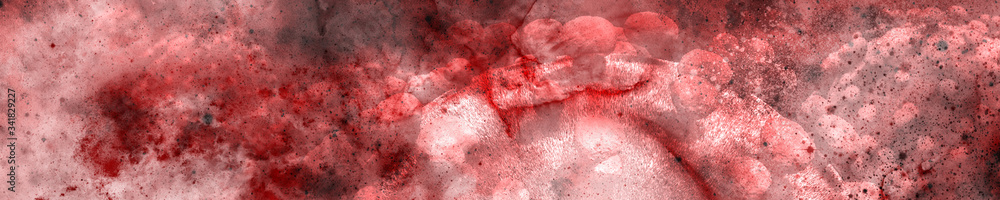 Fototapeta premium Coronavirus on abstract blood background. Horizontal banner. Video title screen, podcast or web background, information poster or infographic.