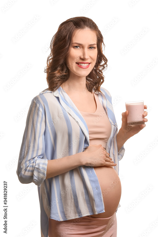 Beautiful pregnant woman with yogurt on white background Beautiful pregnant woman with yogurt on white background
