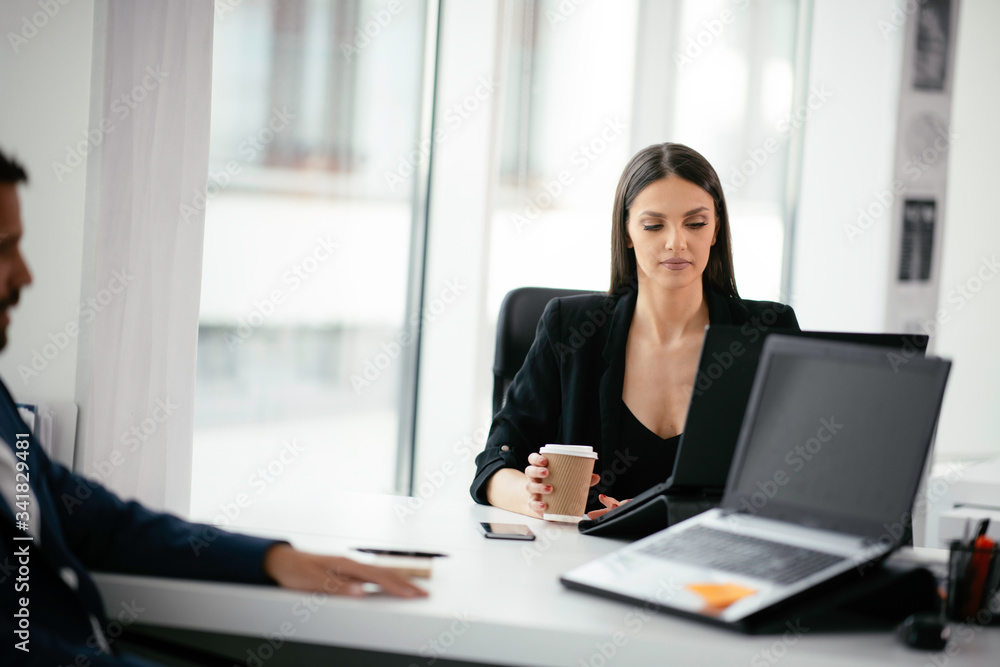 Young businesswoman working on lap top. Beautiful woman in office. Young businesswoman working on lap top. Beautiful woman in office.