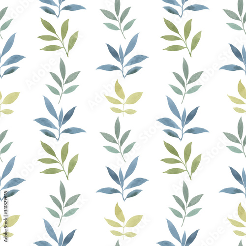 Retro hand drawn spring elements of green leaves seamless white background.