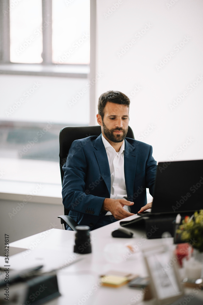Businessman in office. Handsome man working on project. Businessman in office. Handsome man working on project.