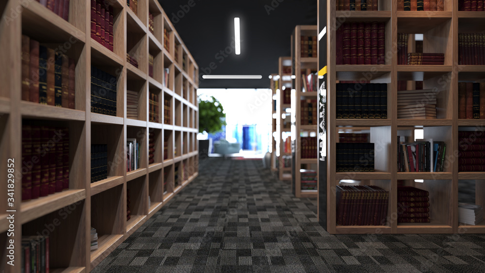 Modern library design consisting of wooden bookcases 3D rendering