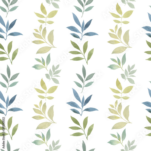 Seamless watercolor pattern. Elegant leaves art design. Retro hand drawn spring elements of green leave seamless white background.