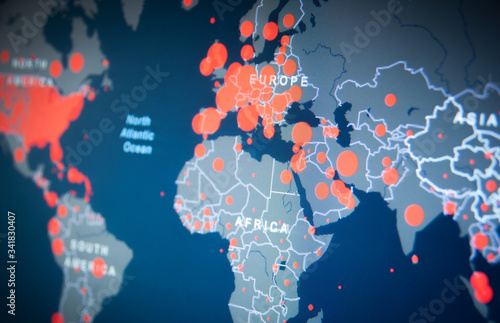 Coronavirus epicenters around the world map. Coronavirus cases statistics. The whole world map. 2019-ncov pandemic in Europe concept