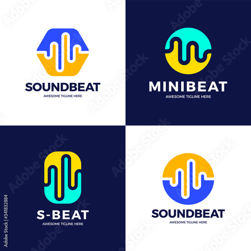 Set Audio Sound Wave logo template stock vector design. Line abstract music technology logotype. Digital element emblem, graphic signal waveform, curve, volume and equalizer. Vector illustration.