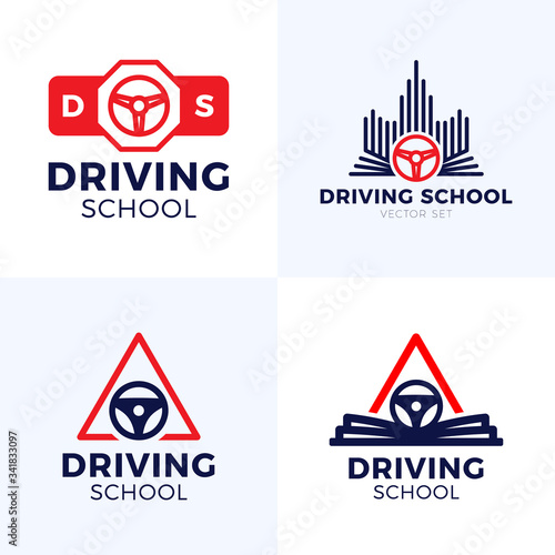 Driving school vector logo. car wheel with road sign logo design. Training, vehicle, transport and transportation, vector design and illustration