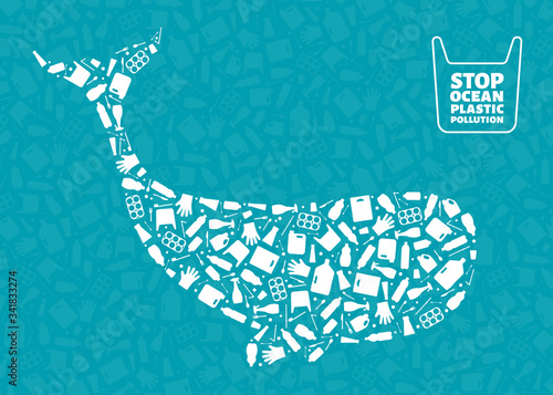 Plastic waste ocean environment problem concept vector llustration. Whale marine mammal silhouette filled with plastic garbage flat icons. Microplastic pollution problem, single use plastic crisis.
