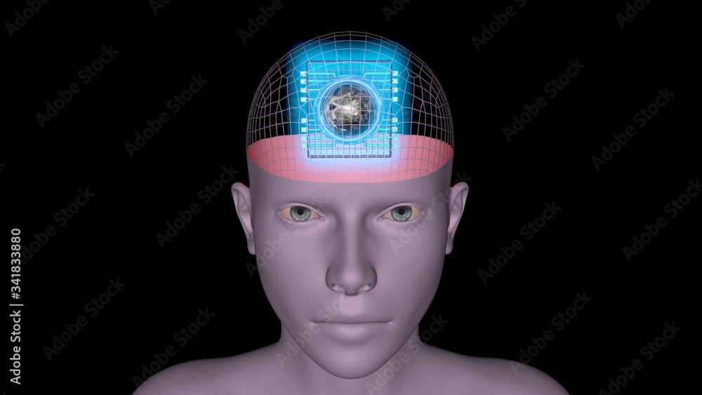Microchip Implant inside human body , head . 3d rendering illustration Microchip Implant inside human body , head . 3d rendering illustration