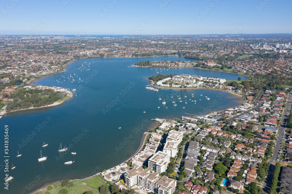 Aerial view of  Hen and chicken bay and the Sydney suburb of Cabarita and Canada Bay.