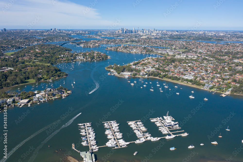 Aerial view of Cabarita Park  marina on the banks of the Parramatta river, Sydney, Australia.