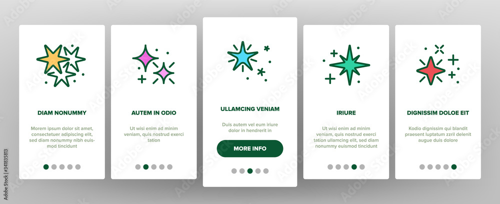 Glowing Shine Stars Onboarding Icons Set Vector. Glowing Sparkles, Christmas Fireworks Burst Explosion, Glitter Festive Fire Illustrations Glowing Shine Stars Onboarding Icons Set Vector. Glowing Sparkles, Christmas Fireworks Burst Explosion, Glitter Festive Fire Illustrations