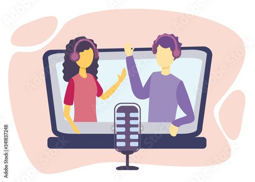 Podcast vector illustration. Flat e-radio talk show, discussion and interview persons concept. Virtual media communication with microphone. Influencer marketing entertainment performance business