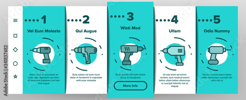Drilling Equipment Onboarding Icons Set Vector. Perforator Drilling Electronic Device And Manual Tool Instrument, Industrial Machine Illustrations