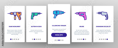 Drilling Equipment Onboarding Icons Set Vector. Perforator Drilling Electronic Device And Manual Tool Instrument, Industrial Machine Illustrations
