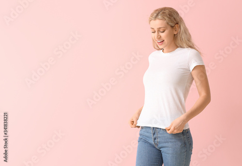 Woman in stylish t-shirt on...