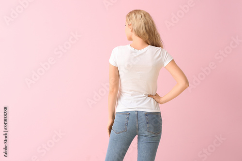 Woman in stylish t-shirt on...