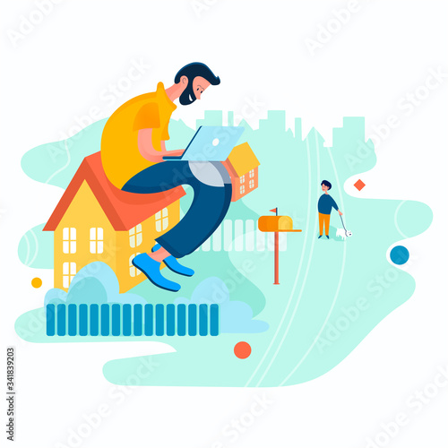 Freelance sits at home with a laptop. Flat icon. Stay home