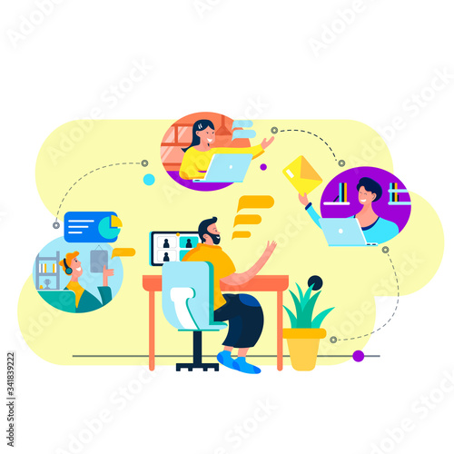 Freelance developer taking group of colleagues in video conference.