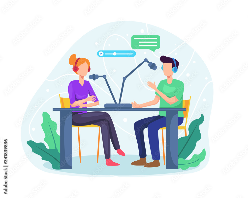 Male radio host interviewing guests Male radio host interviewing guests