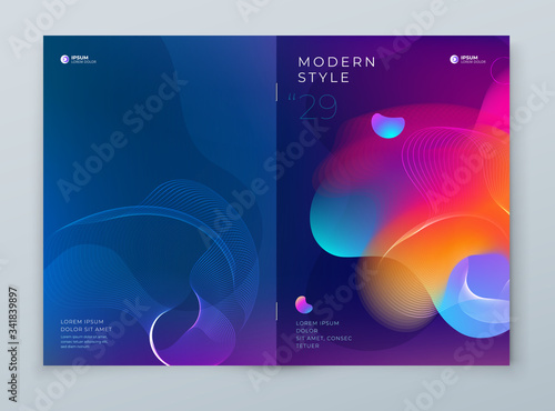 Liquid Abstract Cover Background Design. Fluid Dynamic Graphic Element for Modern Brochure, Banner, Poster, Flyer or Presentation Template with Line Pattern. Color Flow Frame illustration. photo