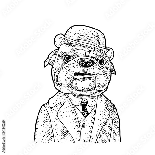 Dog dressed in a hat, suit, waistcoat. Vintage black engraving