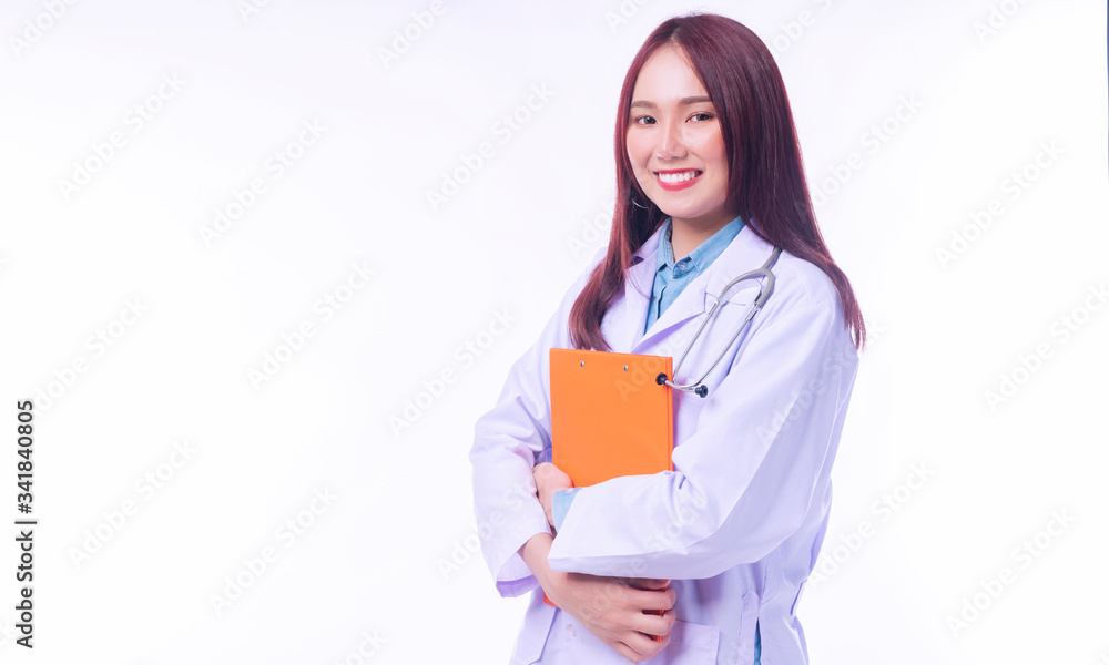 Cheerful young woman doctor in uniform with stethoscope holding clipboard isolated on white background. Smile female medical looking at camera while standing on white background. Healthy care concept. Cheerful young woman doctor in uniform with stethoscope holding clipboard isolated on white background. Smile female medical looking at camera while standing on white background. Healthy care concept.