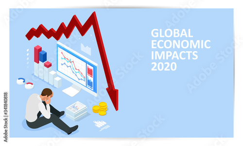 Isometric global economic impacts 2020. Coronavirus or COVID-19 pandemic global impact. Closed border, collapsed world market and economic crisis, panic and food shortages, distance work and studying.