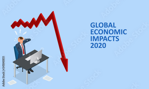 Isometric global economic impacts 2020. Coronavirus or COVID-19 pandemic global impact. Closed border, collapsed world market and economic crisis, panic and food shortages, distance work and studying.
