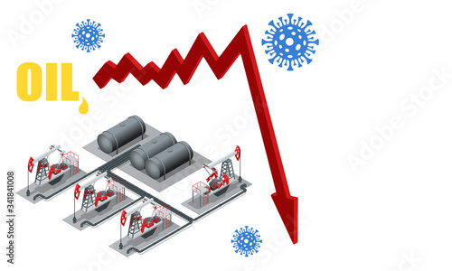 Isometric global economic impacts 2020. Coronavirus or COVID-19 pandemic global impact. Closed border, collapsed world market and economic crisis, panic and food shortages, distance work and studying.