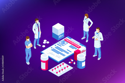 Isometric Online medical advise or consultation service, tele medicine, cardiology. Online treatment recipe. Medicine and pharmacy banners. Pharmacist care for the patient. Medicine industry.