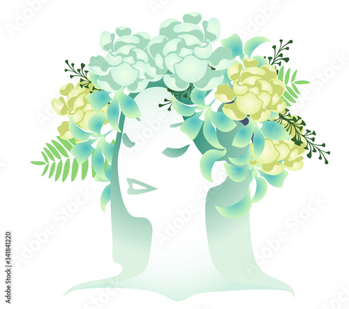Wallpaper Mural A young girl with a flower wreath on her head, vector illustration, green colours. Torontodigital.ca