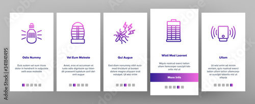 Bug Zapper Equipment Onboarding Icons Set Vector. Bug Zapper Electronic Device And Dichlorvos Bottle For Killing Insects Illustrations