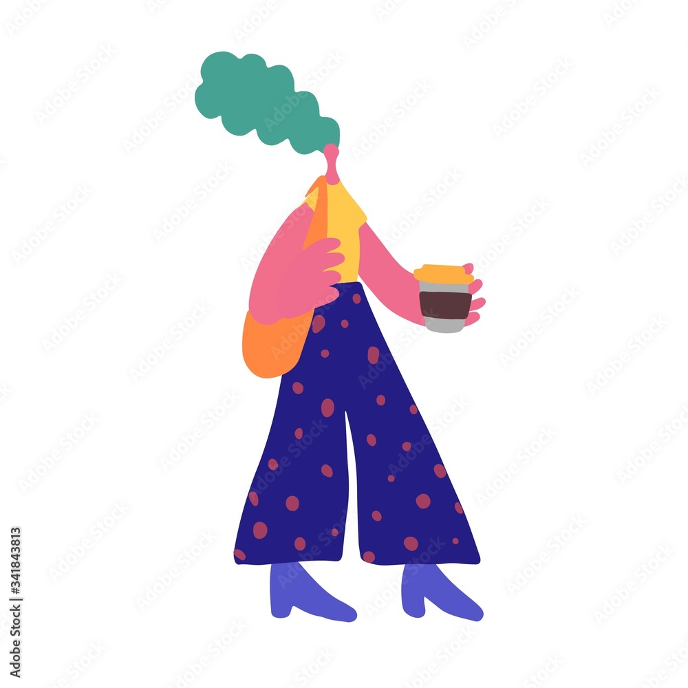 Naklejka premium young cartoon woman hold coffee paper cup walking